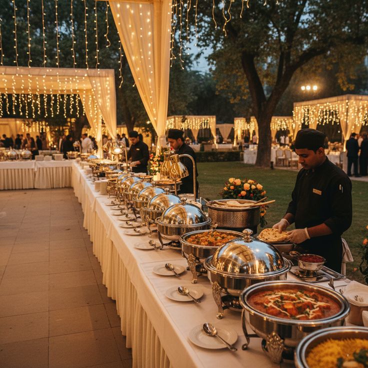 Professional catering team serving dishes at a party event